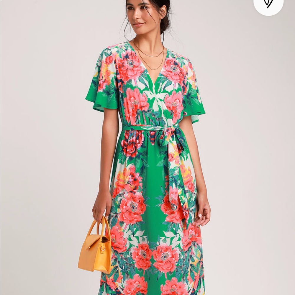 Lulus Still In Paradise Green Floral Maxi Dress with Sleeves